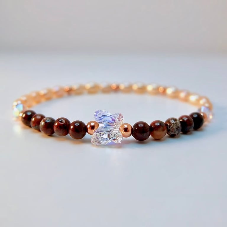 Freshwater Pearl And Jasper Bracelet With Swarovski Butterfly, Handmade In Devon