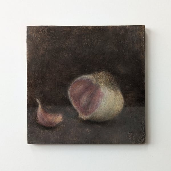 Small Original Oil Painting - 4x4 Garlic Kitchen Wall Art 