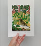 'Sharing our redcurrants with the Song Thrush' - linoprint