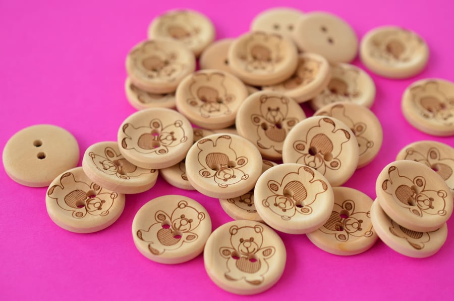 Natural Wooden Teddy Bear Buttons 6pk 20mm (TED1)