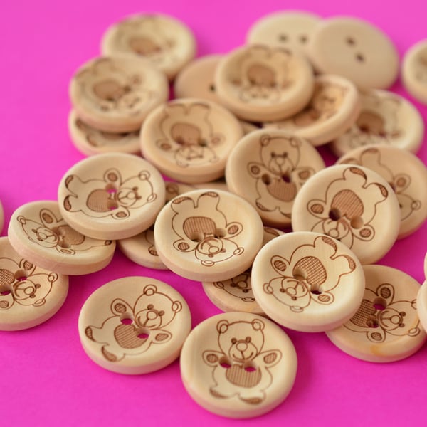 Natural Wooden Teddy Bear Buttons 6pk 20mm (TED1)