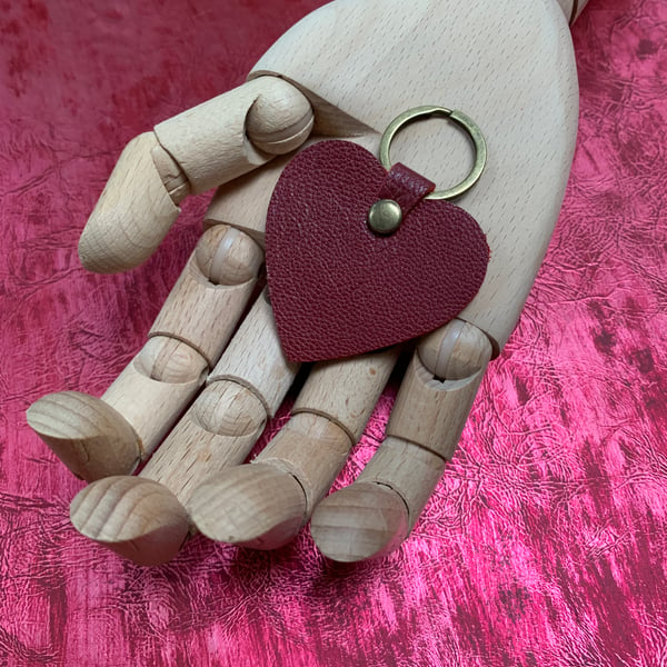 Heart shaped red leather keyring bag charm with antique gold hardware