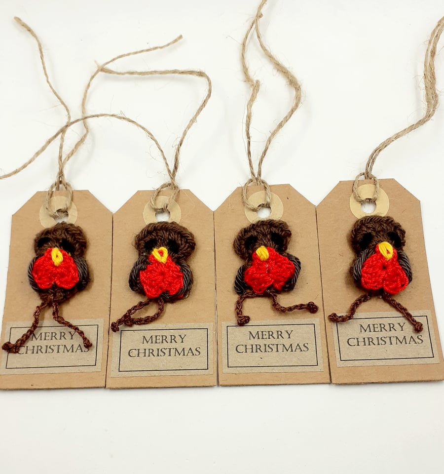 Four Crochet Robin Gift Tags