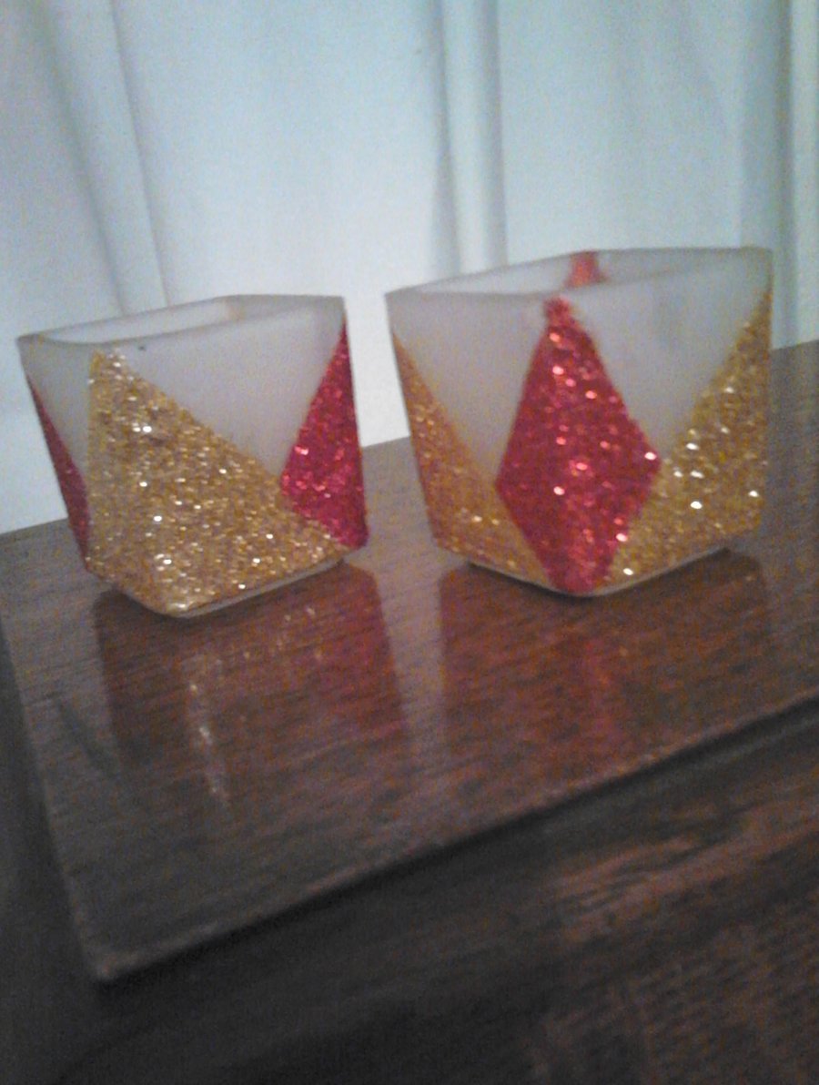 Asymmetric design glitter cube candle holders  - red gold sparkle set of 2