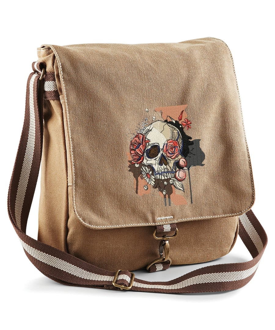 Autumn Flower Skull Embroidered Canvas Field Bag