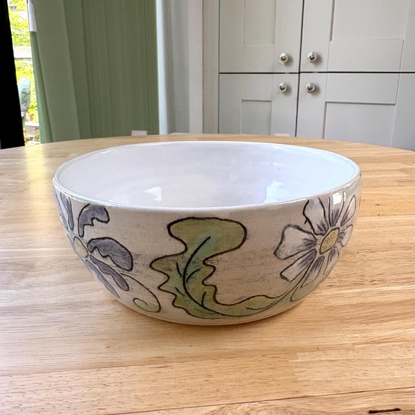 Handmade Ceramic Stoneware Bowl: Serving Bowl. Hand carved floral design.