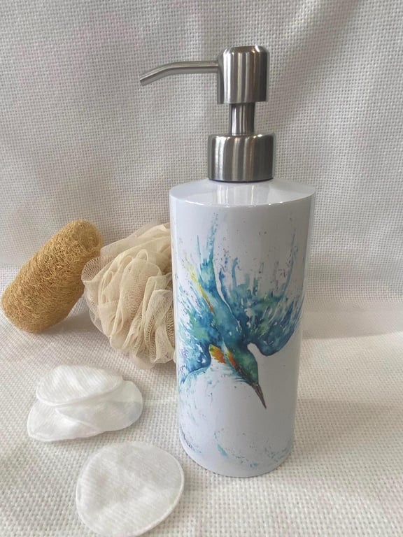 Kingfisher Watercolour Design, Metal Soap Pump Dispenser, by Wildlife Artist San