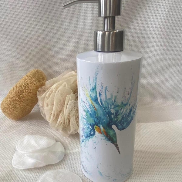Kingfisher Watercolour Design, Metal Soap Pump Dispenser, by Wildlife Artist San