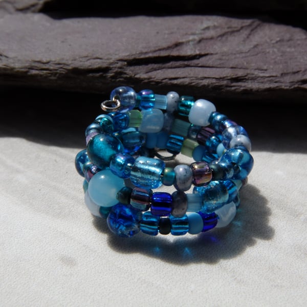 Blue Beaded Memory Wire Ring, Boho Festival Ring