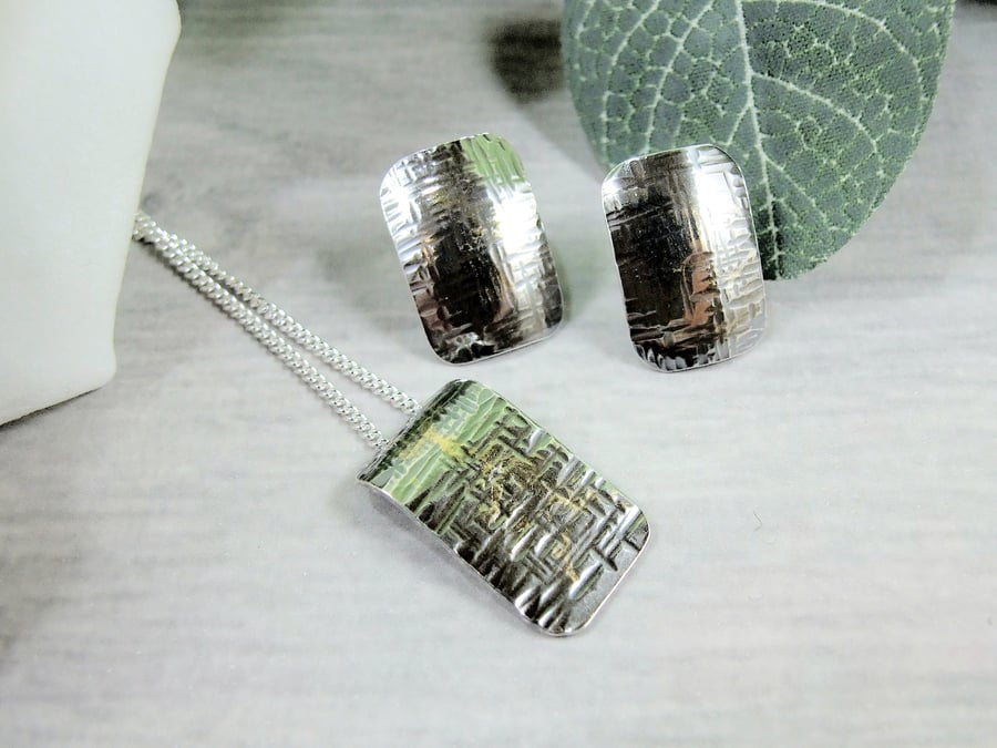 Silver & Gold Textured Pendant and Earring Set