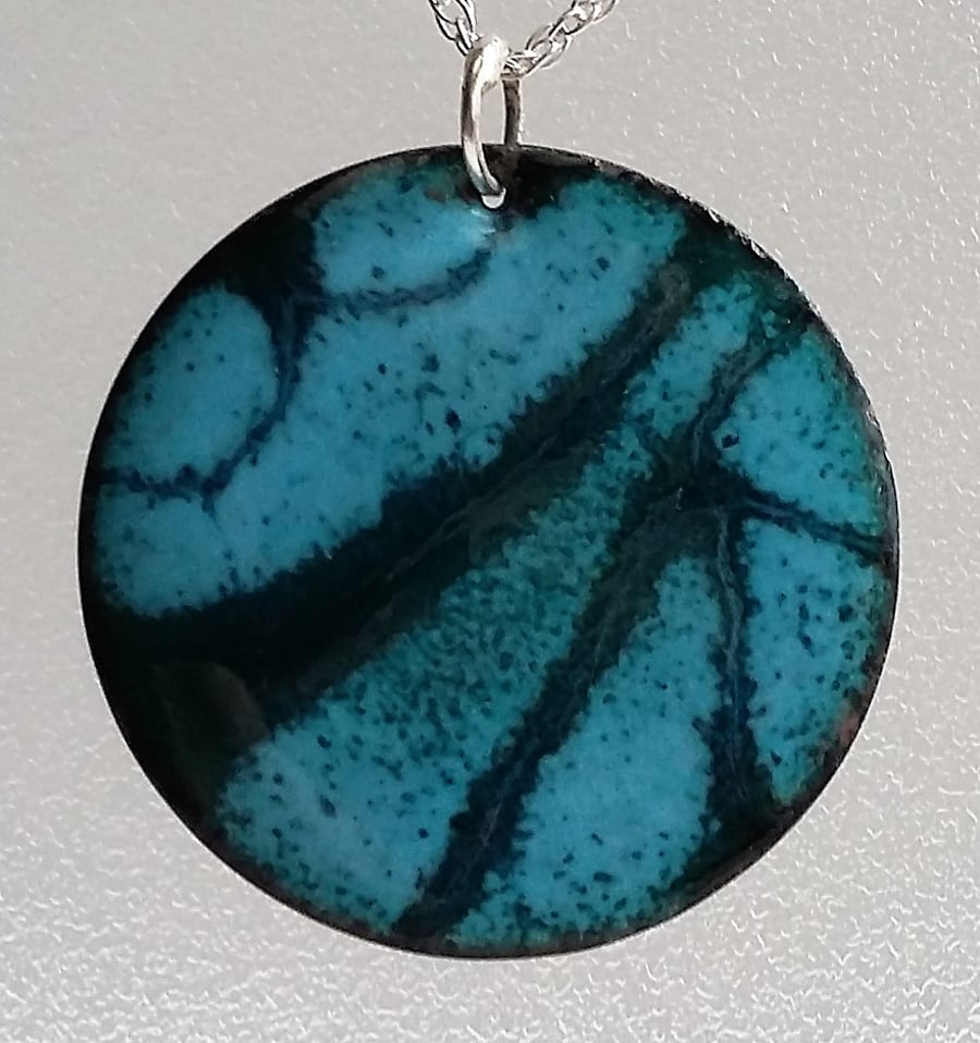 Enamelled copper pendant in dark green and blue 079