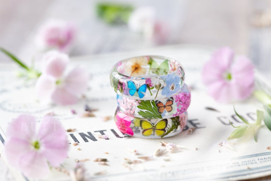 Real Flower Ring Butterfly Meadow Botanical Jewellery Pressed Flower Ring Nature