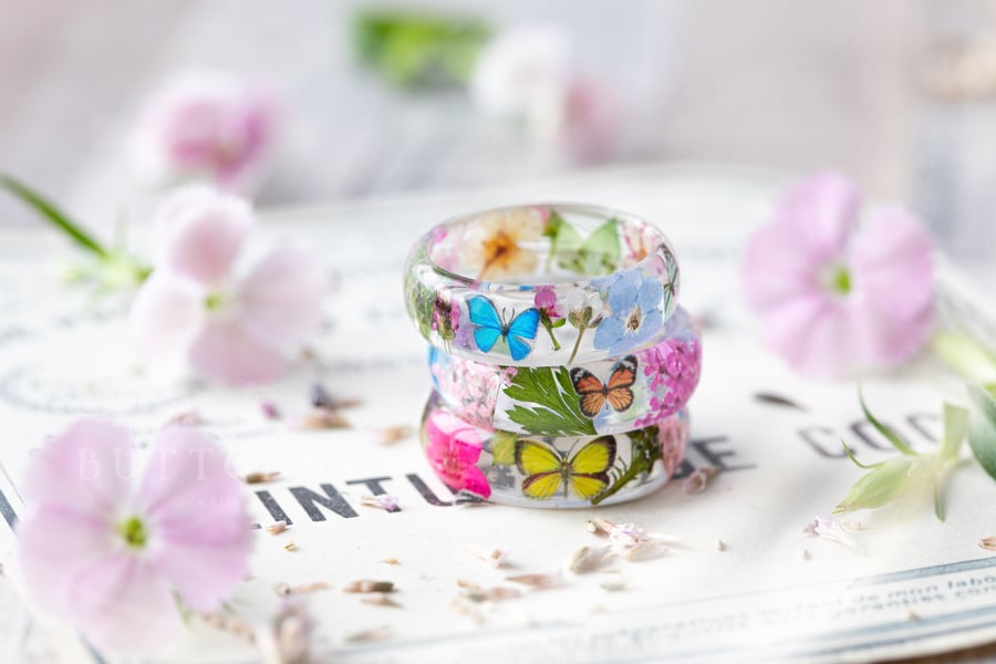 Real Flower Ring Butterfly Meadow Botanical Jew Folksy