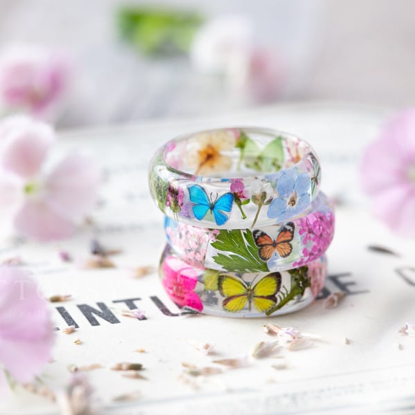 Real Flower Ring Butterfly Meadow Botanical Jewellery Pressed Flower Ring Nature