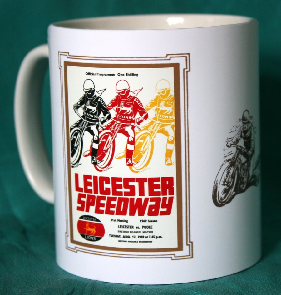 Speedway mug Leicester v Poole 1969 vintage programme design mug