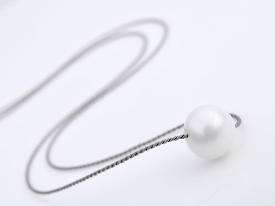 White Single Pearl Necklace on Silk