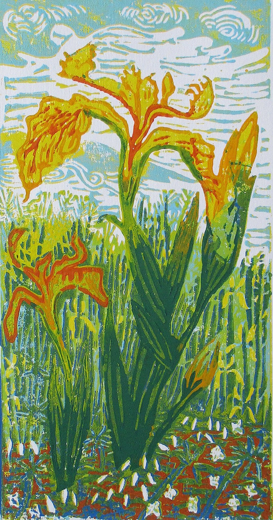 Yellow Iris Original Hand Pressed Linocut Print Ltd Edition