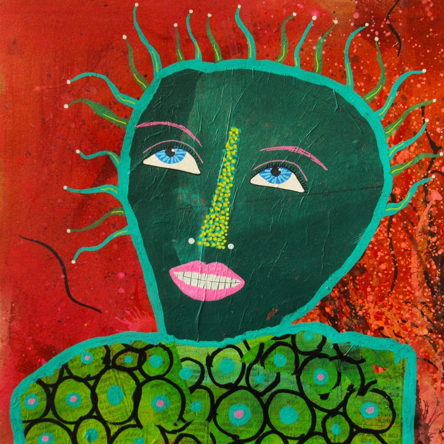 Outsider Art Painting Green Man Portrait Abstract Face Weird Lowbrow Artwork 10x