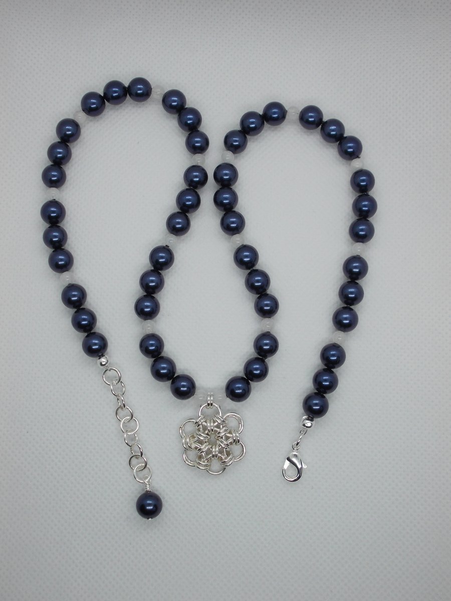 Sale - Shell pearl and Moonstone necklace with Japanese flower pendant