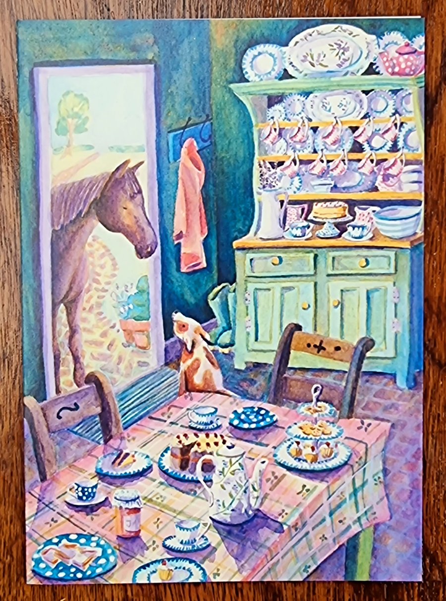 Visitor for Tea!! A horse!! A6 greeting card.