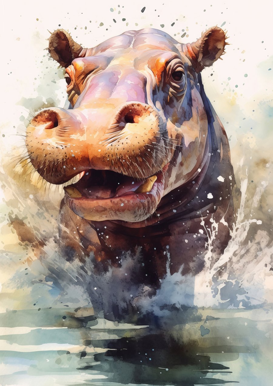 Playful Hippo Watercolor Print - Charming 5x7 Artwork for Animal Lovers