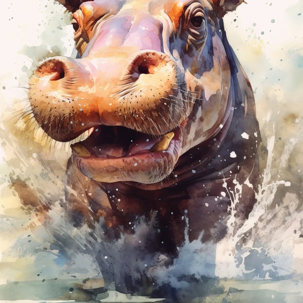 Playful Hippo Watercolor Print - Charming 5x7 Artwork for Animal Lovers