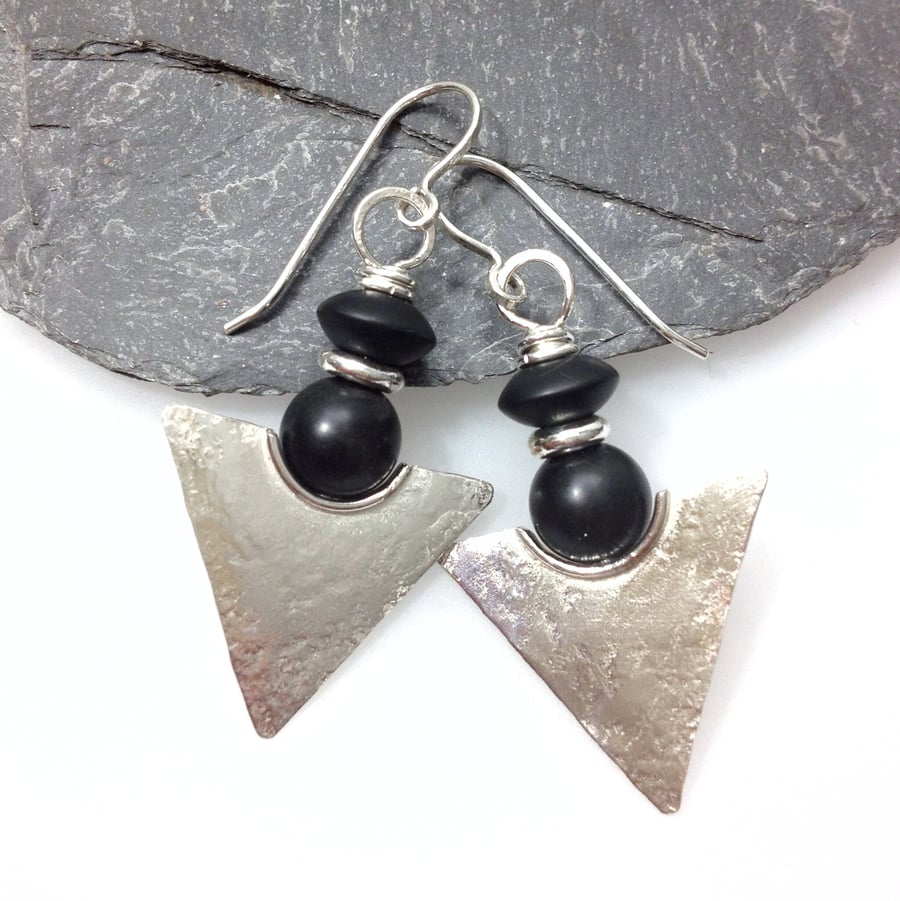 Silver and black agate tribal earrings