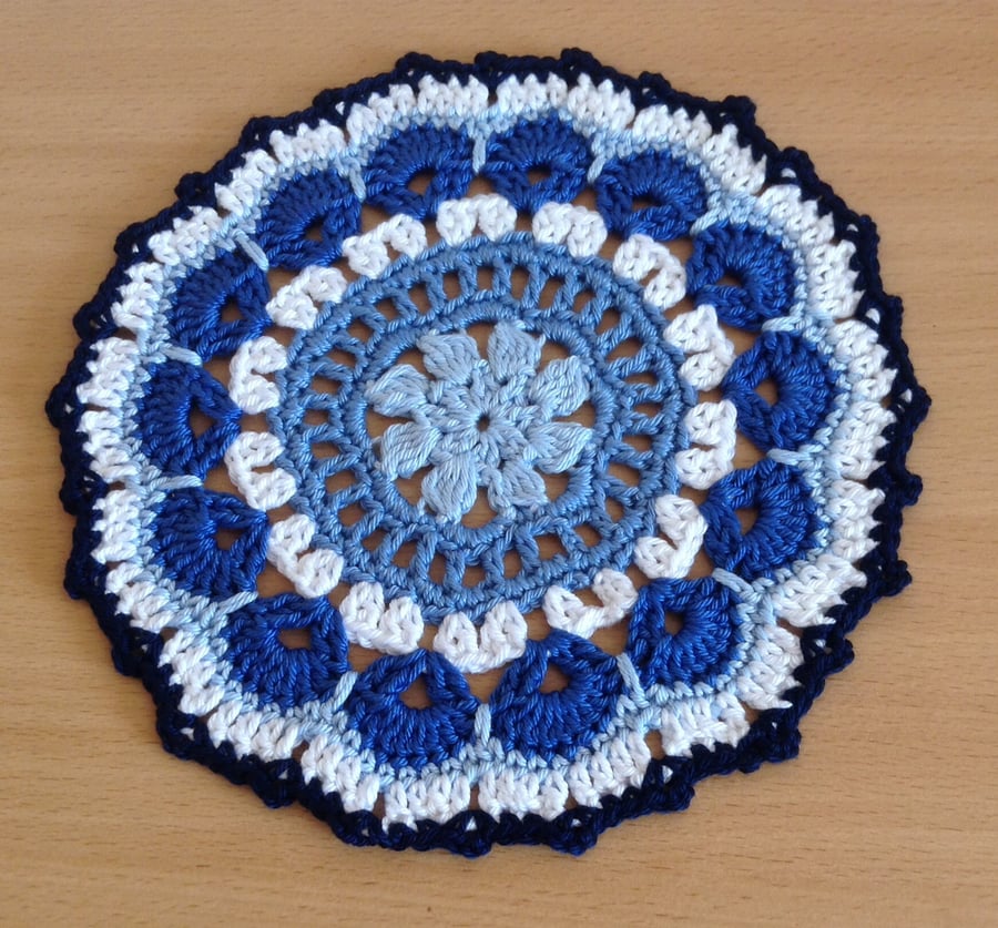 Crochet Mandala Style Table Mat in Blue and White