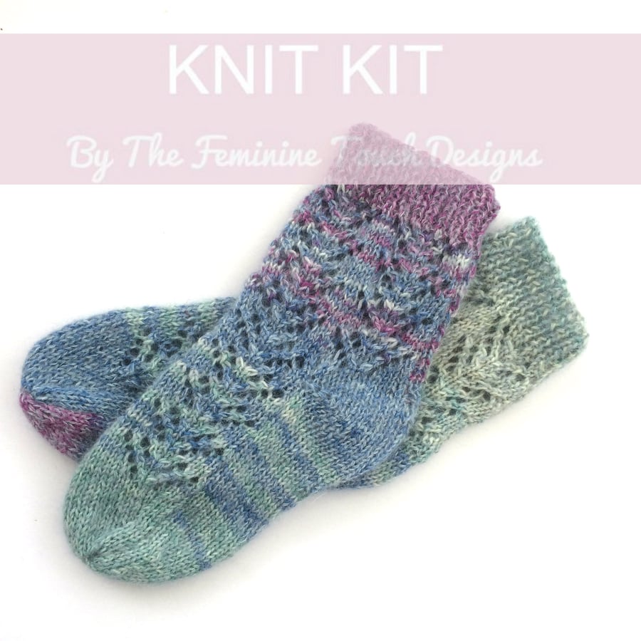 Bed socks knitting kit , hand knit lace bed socks , instructions and yarn