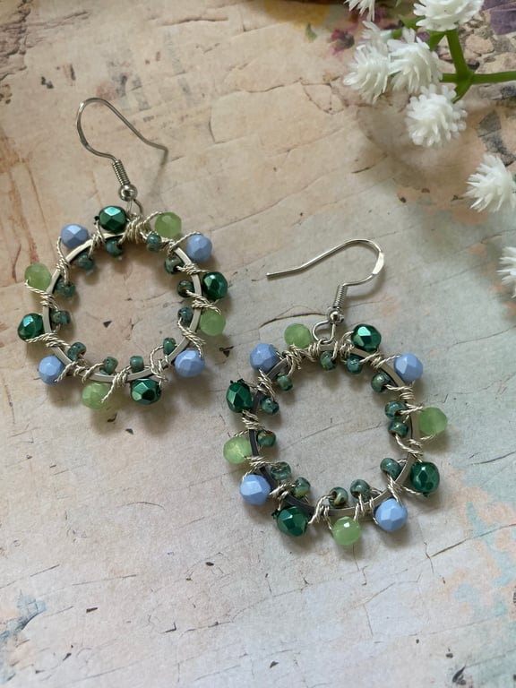 Handmade Beaded Hoop Earrings – Green & Blue Wire Wrapped Dangle Earrings – Boho