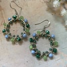Handmade Beaded Hoop Earrings – Green & Blue Wire Wrapped Dangle Earrings – Boho