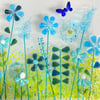 Blue meadow flowers - fused glass art 