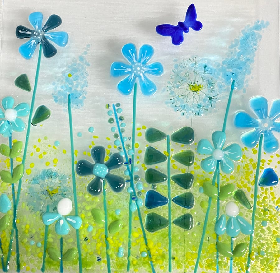 Blue meadow flowers - fused glass art 