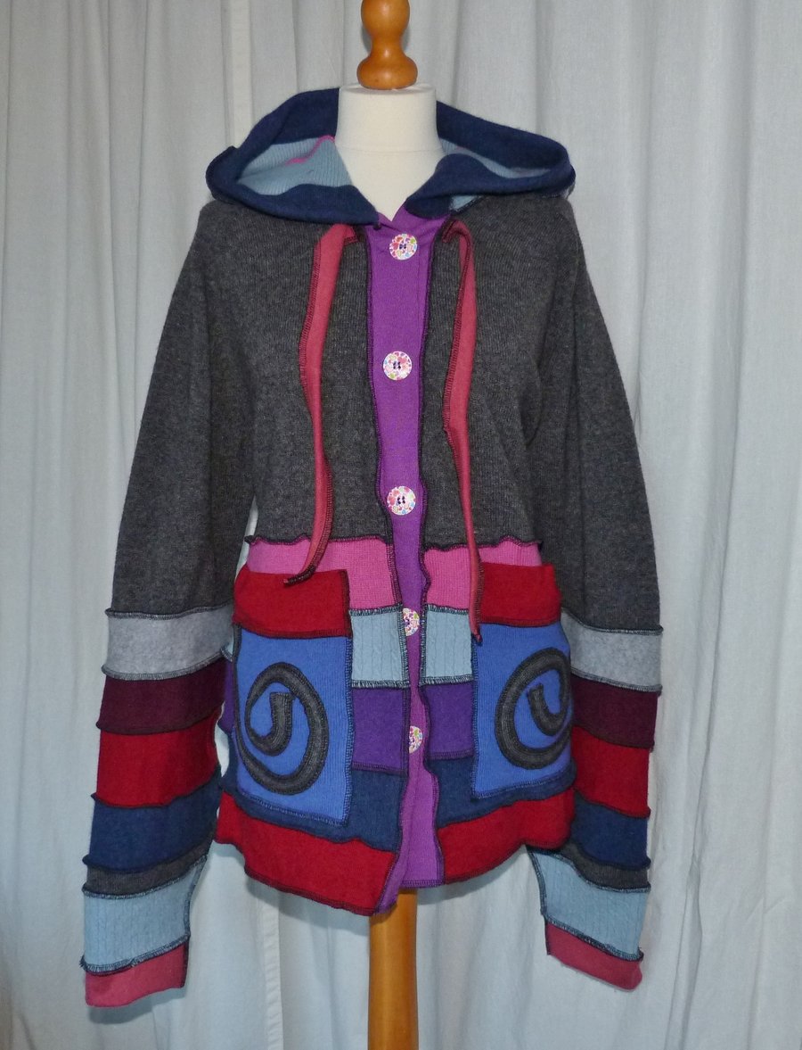  Upcycled Wool Jacket with Buttons Hood Patch Pockets and Neck Ties. Large.