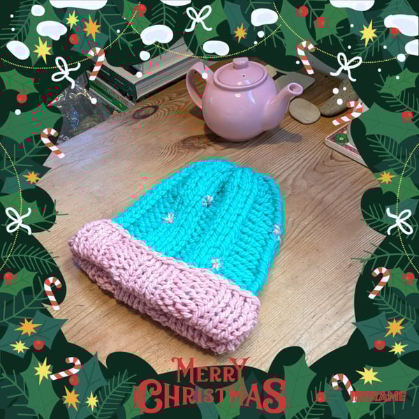 Hand knit teal blue and pink wool hat