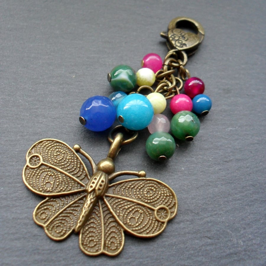 Butterfly Bag Charm with semi Precious Gemstones Colourful