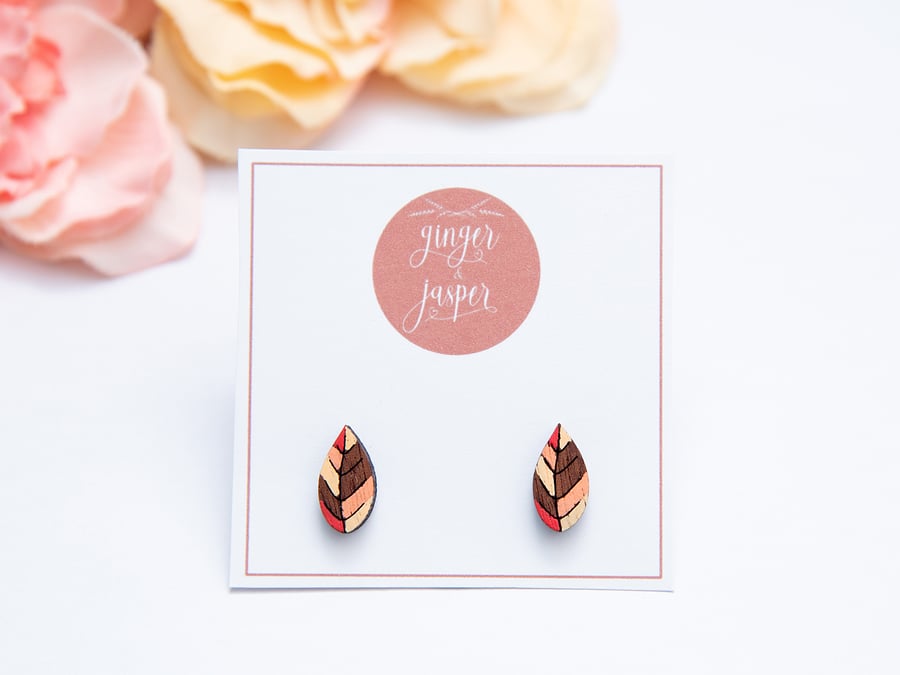 Hand Painted Red Wooden Leaf Earrings, Autumn Leaf Studs, Red Leaves, Autumn