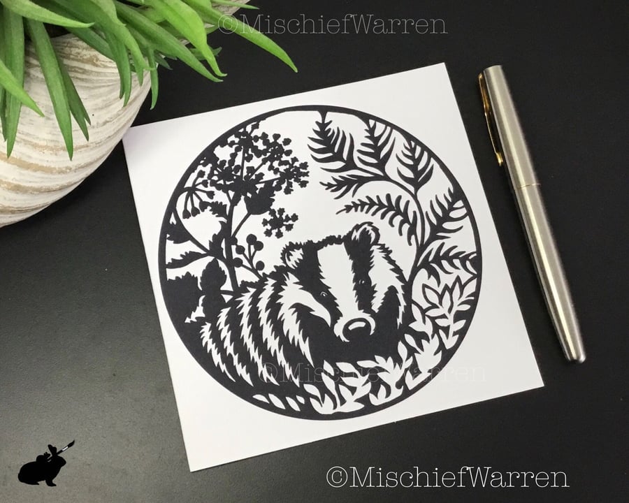 Badger Art Card. Blank monochrome card for any occasion.