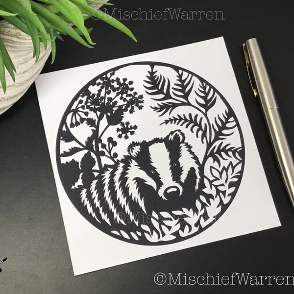 Badger Art Card. Blank monochrome card for any occasion.