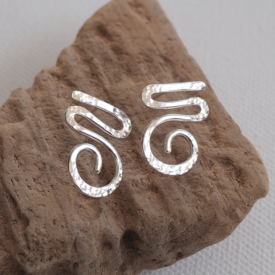 Silver stud earrings, Eco-friendly, Spiral hammered silver studs