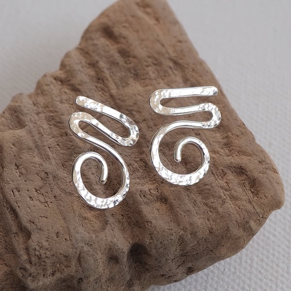 Silver stud earrings, Eco-friendly, Spiral hammered silver studs