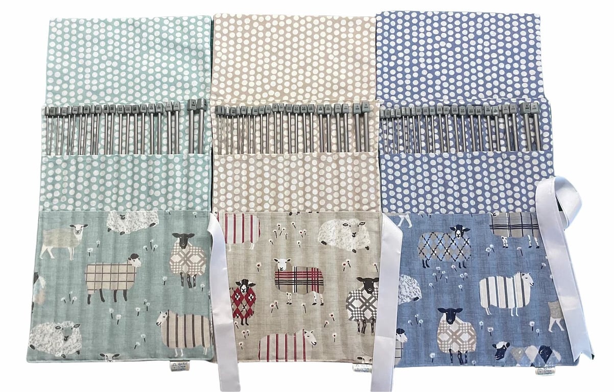 knitting needles in a case with tartan sheep in turquoise, denim blue or red, wh