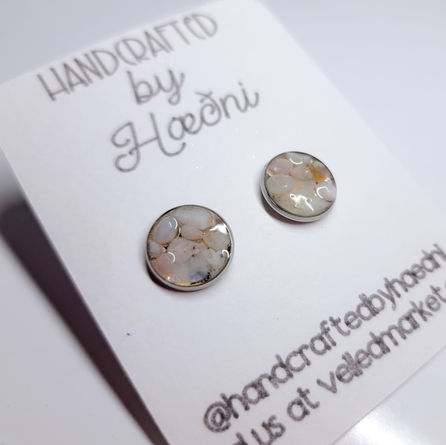 Stud Earrings Bezel with Pink Opal set in Resin
