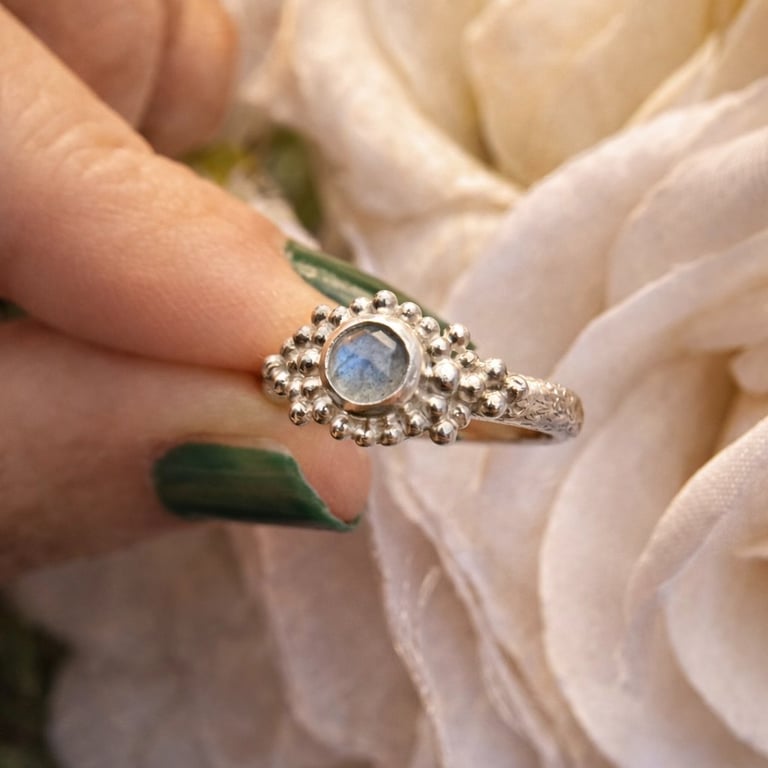 Sterling Silver Labradorite Ring with Granulation - Size N