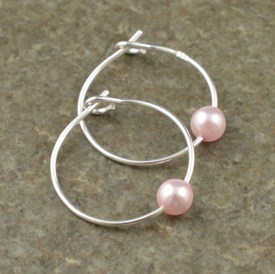 Boho Rosaline Pink Swarovski Crystal Pearl 15mm Sterling Silver Hoop Earrings