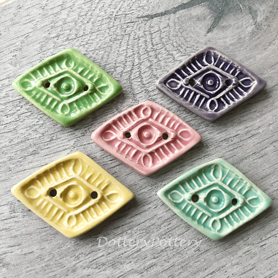 Set of five diamond shaped ceramic handmade buttons