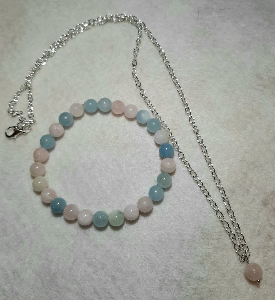 Handcrafted Morganite stretch bracelet and minamalist bead pendant set Pink Blue