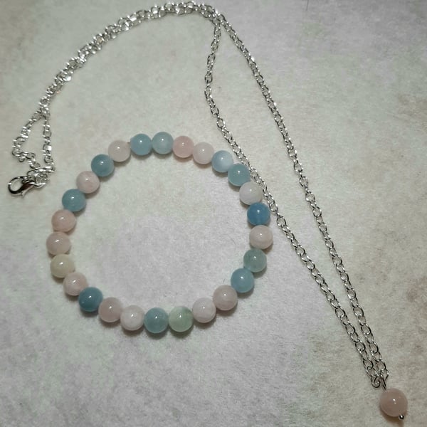 Handcrafted Morganite stretch bracelet and minamalist bead pendant set Pink Blue