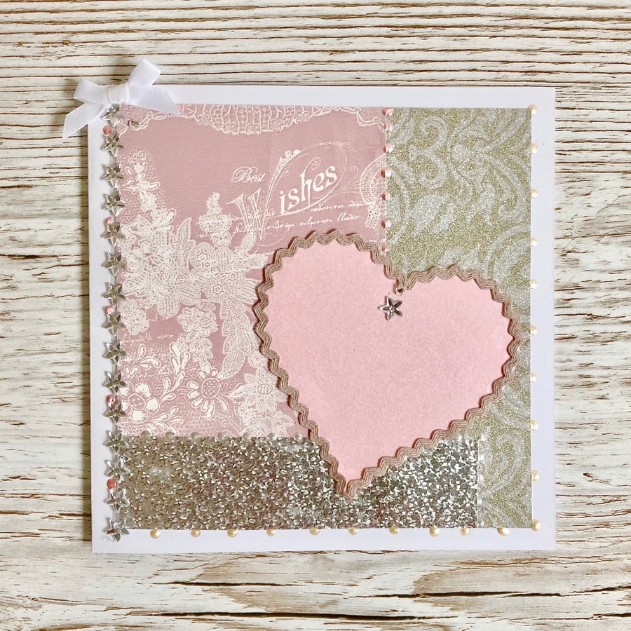 Birthday card pink hearts glitter diamond jewel or wedding, anniversary etc