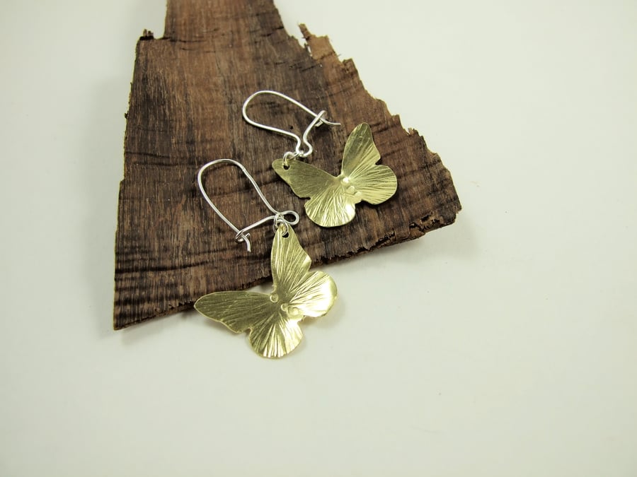 Earrings, Hammered Brass Butterflies with Sterling Silver